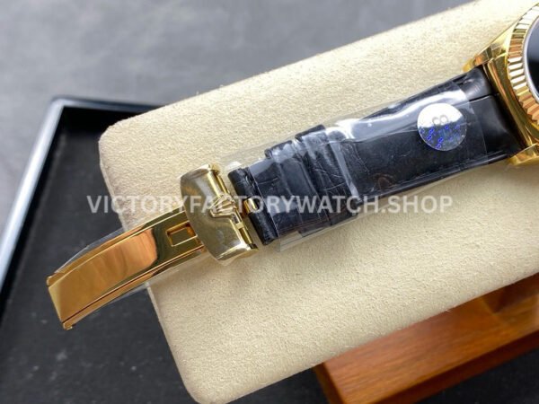 8+ Factory Counterweight Rolex Day-Date 36mm 128238 Yellow Gold Crocodile Leather Strap Baguette Diamond Black Dial
