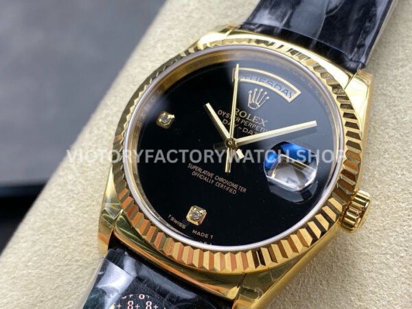 8+ Factory Counterweight Rolex Day-Date 36mm 18238 Yellow Gold Crocodile Leather Strap Diamond Mope Black Dial