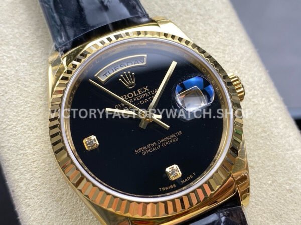 8+ Factory Counterweight Rolex Day-Date 36mm 18238 Yellow Gold Crocodile Leather Strap Diamond Mope Black Dial