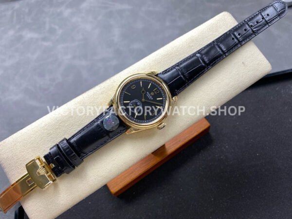 8+ Factory Rolex 1908 52508-0002 39mm Yellow Gold Leather Strap Arabic Numerals Black Dial