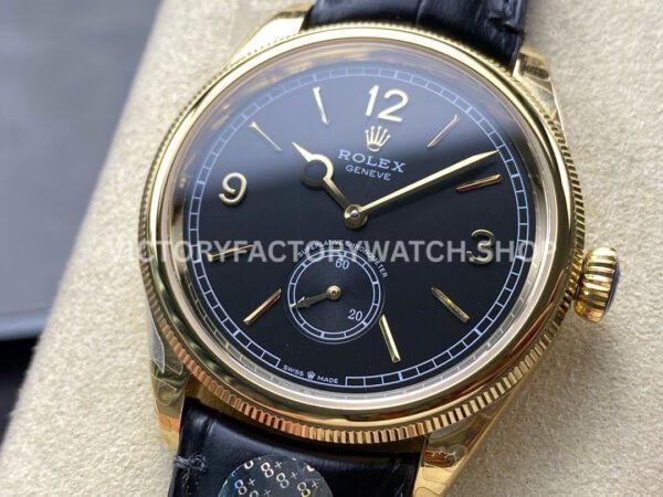 8+ Factory Rolex 1908 52508-0002 39mm Yellow Gold Leather Strap Arabic Numerals Black Dial