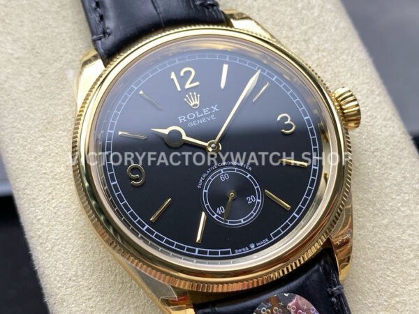 8+ Factory Rolex 1908 52508-0002 39mm Yellow Gold Leather Strap Arabic Numerals Black Dial