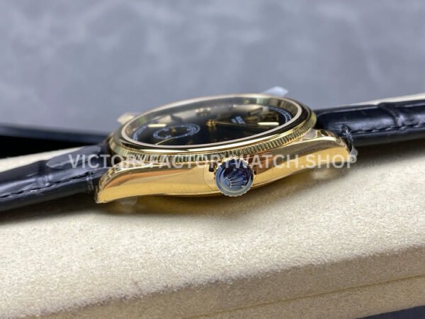 8+ Factory Rolex 1908 52508-0002 39mm Yellow Gold Leather Strap Arabic Numerals Black Dial