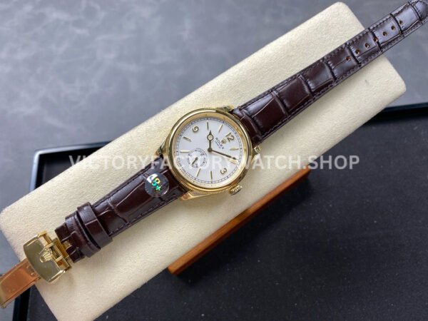8+ Factory Rolex 1908 52508-0006 39mm Yellow Gold Leather Strap Arabic Numerals White Dial