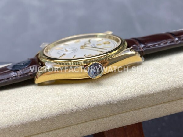 8+ Factory Rolex 1908 52508-0006 39mm Yellow Gold Leather Strap Arabic Numerals White Dial
