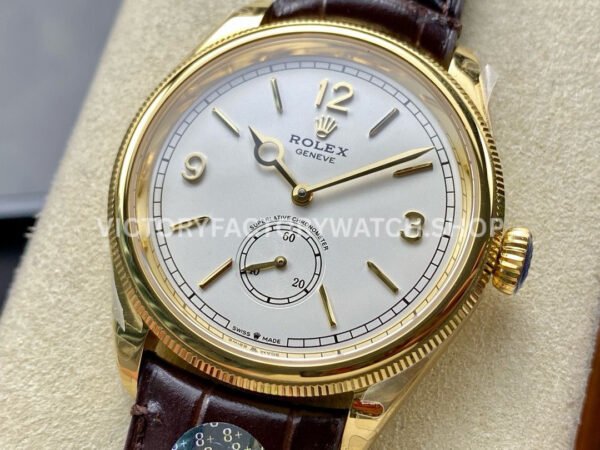 8+ Factory Rolex 1908 52508-0006 39mm Yellow Gold Leather Strap Arabic Numerals White Dial