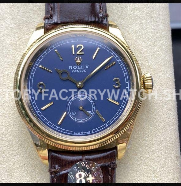 8+ Factory Rolex 1908 52508 39mm Yellow Gold Leather Strap Arabic Numerals Blue Dial