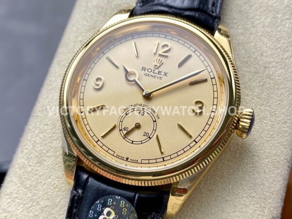8+ Factory Rolex 1908 52508 39mm Yellow Gold Leather Strap Arabic Numerals Champagne Dial