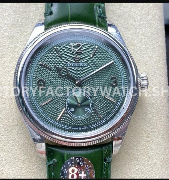 8+ Factory Rolex 1908 52509 39mm White Gold Leather Strap Arabic Numerals Green Dial