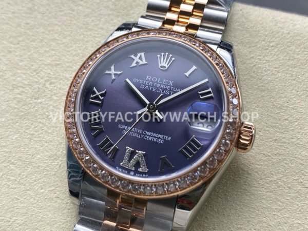 8+ Factory Counterweight Rolex Datejust 278381RBR-0020 31mm Diamond Rose Gold Bezel Half Rose Gold Diamond Roman Numerals Purple Dial Jubilee