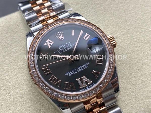 8+ Factory Counterweight Rolex Datejust 278381RBR-0030 31mm Diamond Rose Gold Bezel Half Rose Gold Diamond Roman Numerals Grey Dial Jubilee