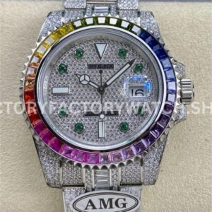 AMG Factory Rolex Submariner 116610 40mm Rainbow Diamond Bezel Full 904L Diamond Green Word Pin Diam (9) AMG Factory Rolex Submariner 116610 40mm Rainbow Diamond Bezel Full 904L Diamond Green Word Pin Diamond Dial