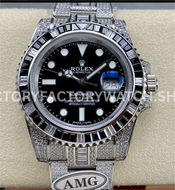 AMG Factory Rolex Submariner 116610LN 40mm Black White Diamond Bezel Full 904L Diamond Black Dial