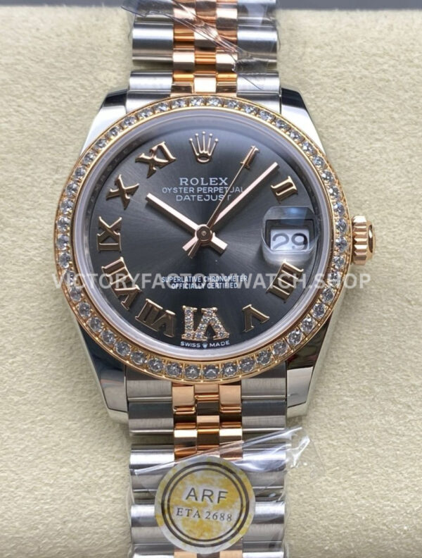 ARF Factory Counterweight Rolex Datejust 278381RBR-0030 31mm Rose Gold Diamond Bezel Roman VI Grey Dial (1) datejust 31 grey roman vi arf
