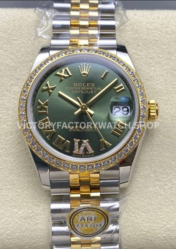 ARF Factory Counterweight Rolex Datejust 278383RBR-0016 31mm Yellow Gold Diamond Roman VI Green Dial (2) datejust 31 green roman vi arf
