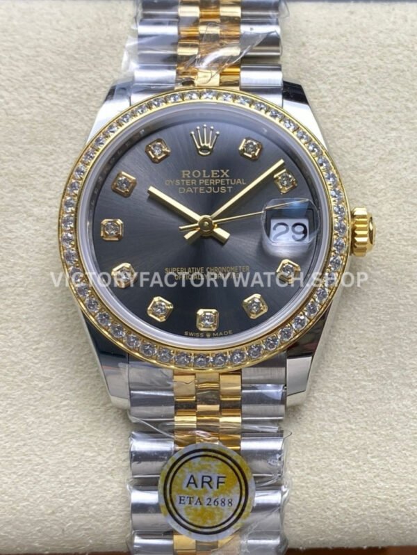 ARF Factory Counterweight Rolex Datejust 278383RBR-0022 31mm Yellow Gold Diamond Grey Dial (10) datejust 31 grey dial diamond arf