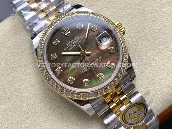 ARF Factory Counterweight Rolex Datejust 278383RBR-0024 31mm Yellow Gold Diamond Bezel Black Mother of Pearl Dial