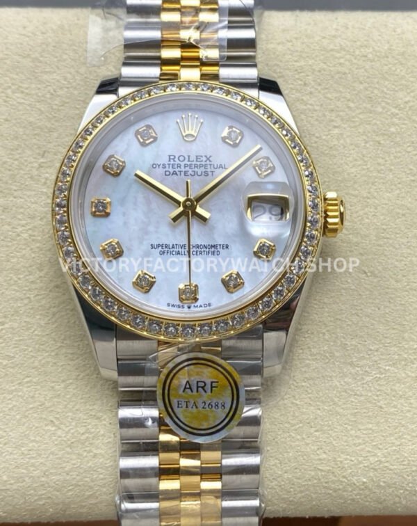ARF Factory Counterweight Rolex Datejust 278383RBR-0028 31mm Yellow Gold Diamond Bezel Mother of Pearl Dial (2) datejust 31 mop dial diamond arf