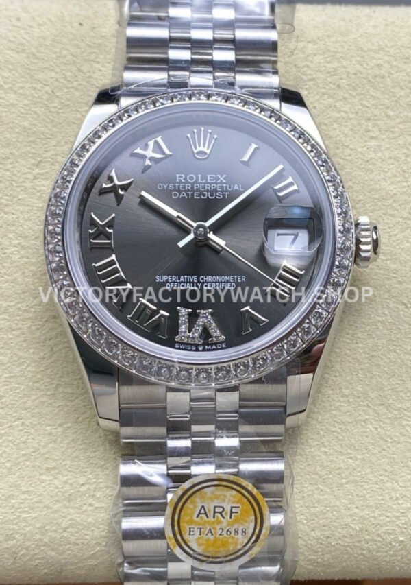 ARF Factory Counterweight Rolex Datejust 278384RBR-0032 31mm Diamond Bezel Roman VI Grey Dial (3) datejust 31 dark grey roman steel arf