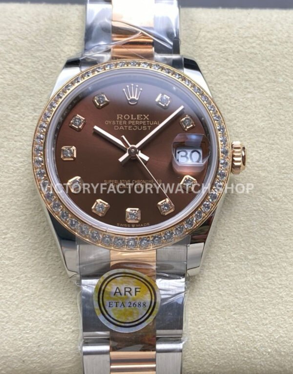ARF Factory Counterweight Rolex Datejust Oyster 278381RBR-0027 31mm Rose Gold Diamond Bezel Brown Dial (1) datejust 31 brown dial rose gold arf