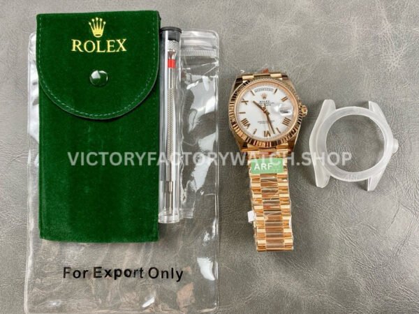 ARF Factory Counterweight Rolex Day-Date 228235-0032 40mm Full Rose Gold Roman Numerals White Dial (1 (5) ARF Factory Counterweight Rolex Day-Date 228235-0032 40mm Full Rose Gold Roman Numerals White Dial