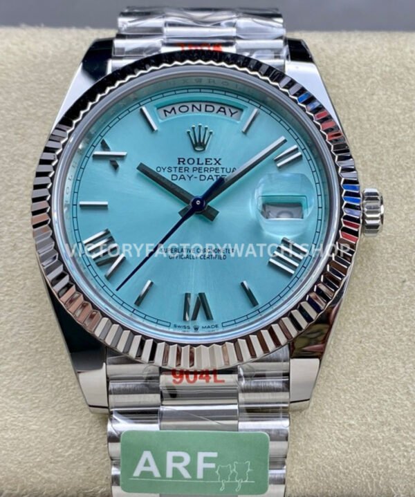 ARF Factory Counterweight Rolex Day-Date 228236-0012 Platinum Roman Numerals Ice Blue Dial (1) 228236 ice blue roman dial day date arf
