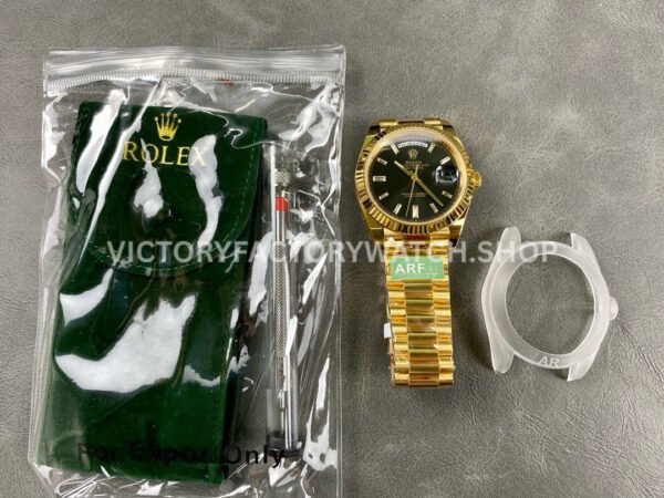 ARF Factory Counterweight Rolex Day-Date 228238-0004 40mm Full Yellow Gold Diamond Baguette Black (6) ARF Factory Counterweight Rolex Day-Date 228238-0004 40mm Full Yellow Gold Diamond Baguette Black Dial