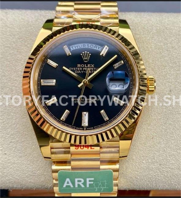 ARF Factory Counterweight Rolex Day-Date 228238-0004 40mm Full Yellow Gold Diamond Baguette Black D (1) 228238 black baguette diamond day date arf gold