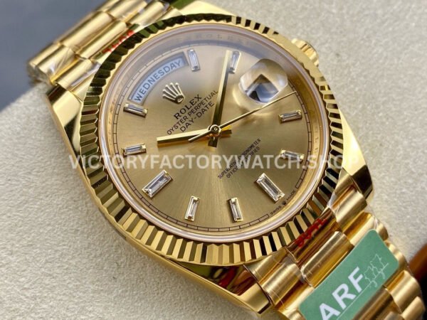 ARF Factory Counterweight Rolex Day-Date 228238-0005 40mm Full Yellow Gold Diamond Baguette C (4) ARF Factory Counterweight Rolex Day-Date 228238-0005 40mm Full Yellow Gold Diamond Baguette Champagne Dial