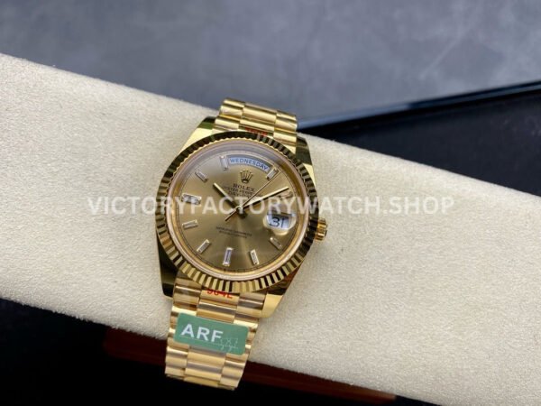 ARF Factory Counterweight Rolex Day-Date 228238-0005 40mm Full Yellow Gold Diamond Baguette C (7) ARF Factory Counterweight Rolex Day-Date 228238-0005 40mm Full Yellow Gold Diamond Baguette Champagne Dial