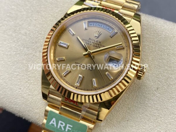 ARF Factory Counterweight Rolex Day-Date 228238-0005 40mm Full Yellow Gold Diamond Baguette C (8) ARF Factory Counterweight Rolex Day-Date 228238-0005 40mm Full Yellow Gold Diamond Baguette Champagne Dial
