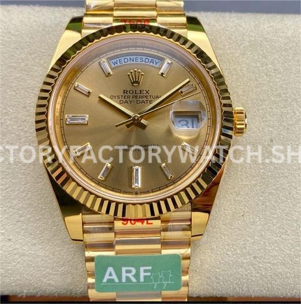 ARF Factory Counterweight Rolex Day-Date 228238-0005 40mm Full Yellow Gold Diamond Baguette C (9) Rolex Day-Date 40mm presidential bracelet replica