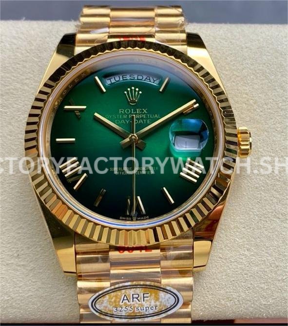 ARF Factory Counterweight Rolex Day-Date 228238-0061 40mm Full Yellow Gold Roman Numerals Green Dia (3) 228238 green roman dial day date yellow gold arf