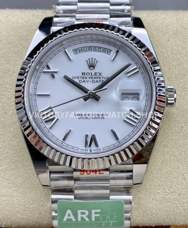 ARF Factory Counterweight Rolex Day-Date 228239 40mm White Gold Roman Numerals White Dial (1) 228239 white roman dial day date arf replica