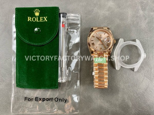 ARF Factory Counterweight Rolex Day-Date 228245-0001 40mm Full Rose Gold Roman Numerals Pink Dial (8) ARF Factory Counterweight Rolex Day-Date 228245-0001 40mm Full Rose Gold Roman Numerals Pink Dial