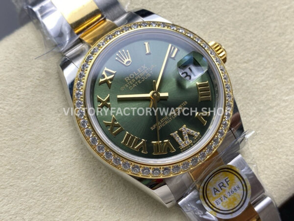 ARF Factory Counterweight Rolex Datejust 278383RBR-0015 31mm Yellow Gold Diamond Bezel Roman VI Green Dial