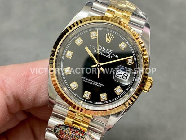 Clean Factory Rolex Datejust 126233-0021 36mm Half Yellow Gold Diamond Black Dial
