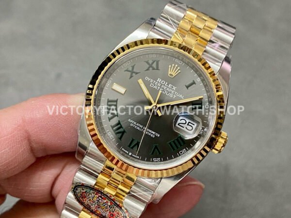Clean Factory Rolex Datejust 126233-0035 36mm Half Yellow Gold Roman Numerals Wimbledon Grey Dial J (6) Clean Factory Rolex Datejust 126233-0035 36mm Half Yellow Gold Roman Numerals Wimbledon Grey Dial Jubilee