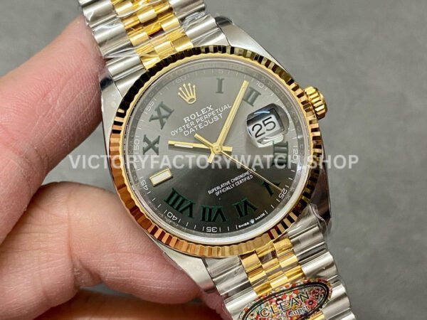 Clean Factory Rolex Datejust 126233-0035 36mm Half Yellow Gold Roman Numerals Wimbledon Grey Dial Jub (1) Clean Factory Rolex Datejust 126233-0035 36mm Half Yellow Gold Roman Numerals Wimbledon Grey Dial Jubilee