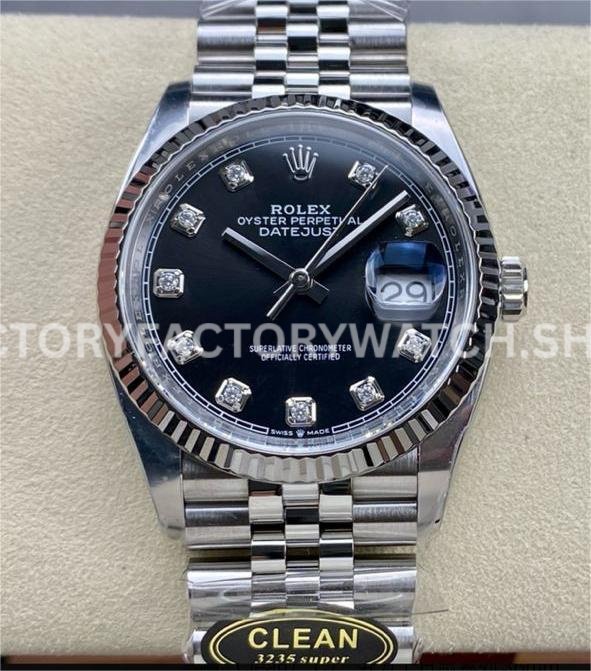 Clean Factory Rolex Datejust 126234-0027 36mm Full 904L Diamond Mop Black Dial Jubilee (7) datejust 126234 black mop diamond dial replica