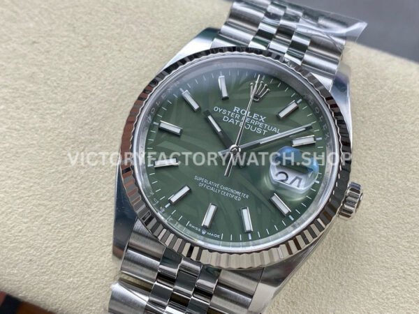 Clean Factory Rolex Datejust 126234-0047 36mm Full 904L Olive Green Palm Motif Dial Jubilee (7) Clean Factory Rolex Datejust 126234-0047 36mm Full 904L Olive Green Palm Motif Dial Jubilee