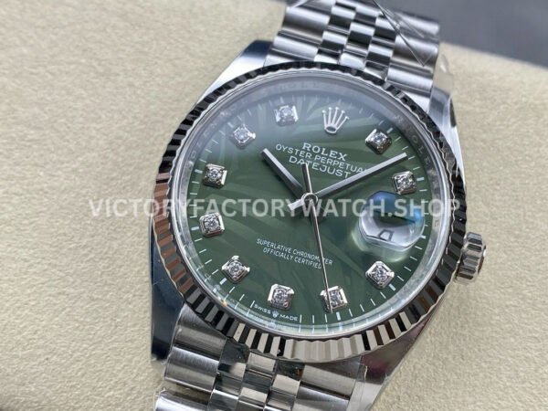Clean Factory Rolex Datejust 126234-0055 36mm Full 904L Diamond Olive Green Palm Motif Dial Jubi (9) Clean Factory Rolex Datejust 126234-0055 36mm Full 904L Diamond Olive Green Palm Motif Dial Jubilee