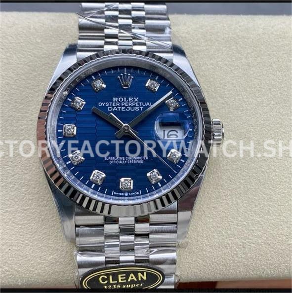 Clean Factory Rolex Datejust 126234-0057 36mm Full 904L Diamond Fluted Motif Blue Dial Jubilee (2) datejust 126331 wimbledon grey roman dial replica