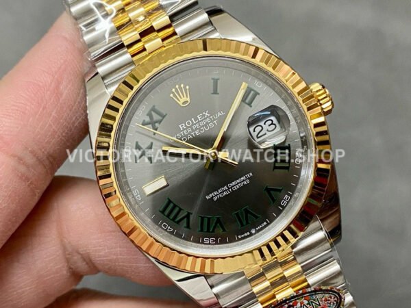 Clean Factory Rolex Datejust 126333-0020 41mm Half Yellow Gold Roman Numerals Wimbledon Grey Dial J (9) Clean Factory Rolex Datejust 126333-0020 41mm Half Yellow Gold Roman Numerals Wimbledon Grey Dial Jubilee