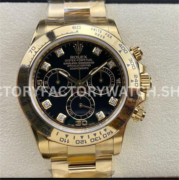 Clean Factory Rolex Daytona 116508-0008 40mm Full Yellow Gold Diamond Black Dial Super Clone