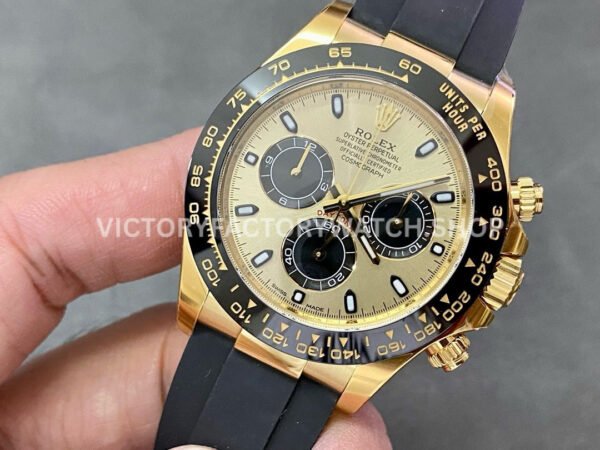 Clean Factory Rolex Daytona 116518LN-0048 40mm Yellow Gold Oysterflex Black Eye Gold Dial