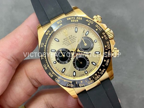 Clean Factory Rolex Daytona 116518LN-0048 40mm Yellow Gold Oysterflex Black Eye Gold Dial