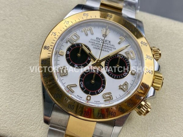 Clean Factory Rolex Daytona 116523 40mm Half Yellow Gold Arabic Number Black Eye White Dial