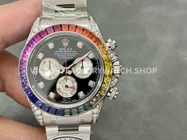 Clean Factory Rolex Daytona 116599RBOW 40mm Full White Gold Rainbow Gems Bezel Diamond Mop Black Dia Super clone