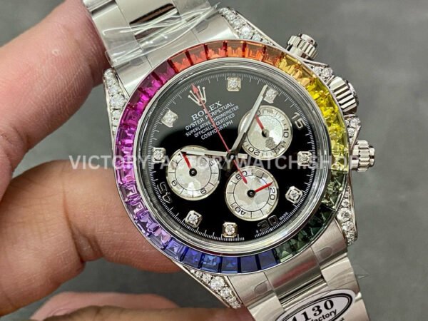 Clean Factory Rolex Daytona 116599RBOW 40mm Full White Gold Rainbow Gems Bezel Diamond Mop Black Dial